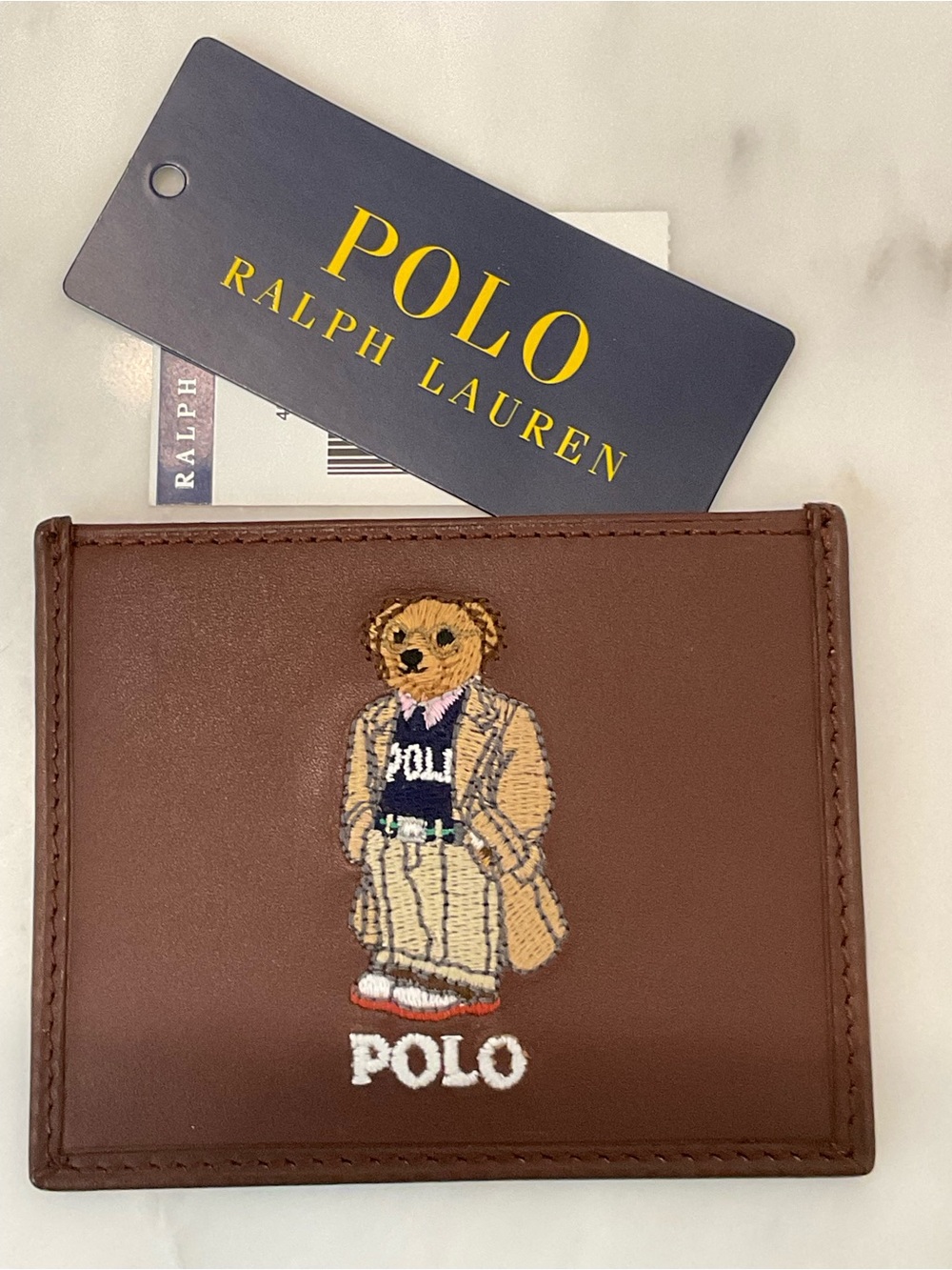 NEW Polo Ralph Lauren COLLEGIATE BEAR Leather Slim Card Case Wallet - BROWN